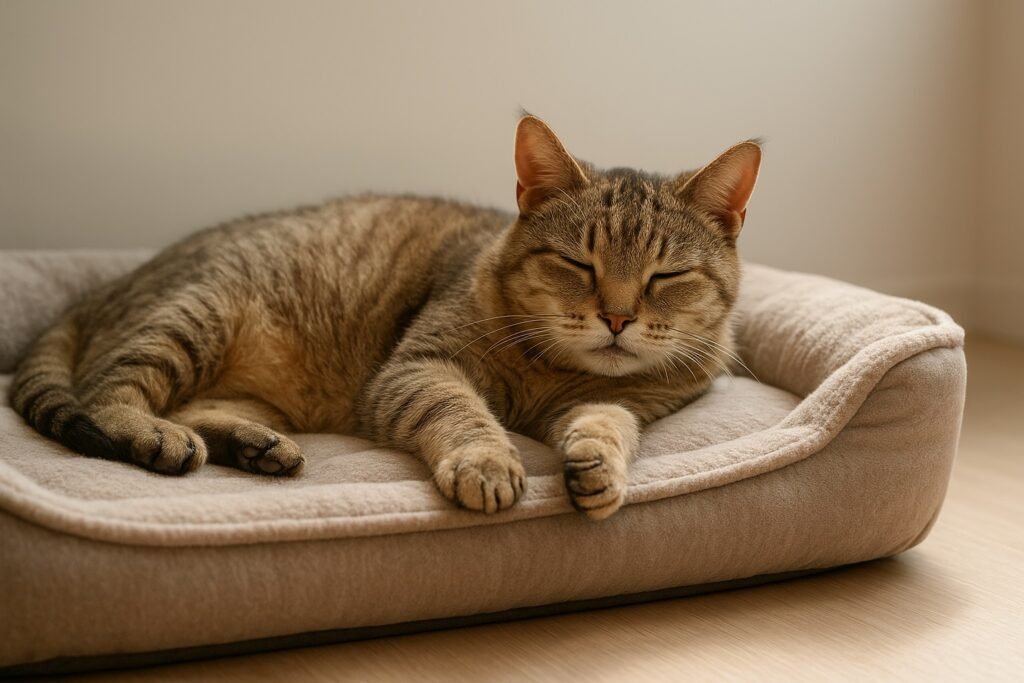 Gato anciano descansando sobre una cama ortopédica mullida durante una mudanza con gatos ancianos, en un ambiente luminoso y minimalista, mostrando confort y bienestar felino.