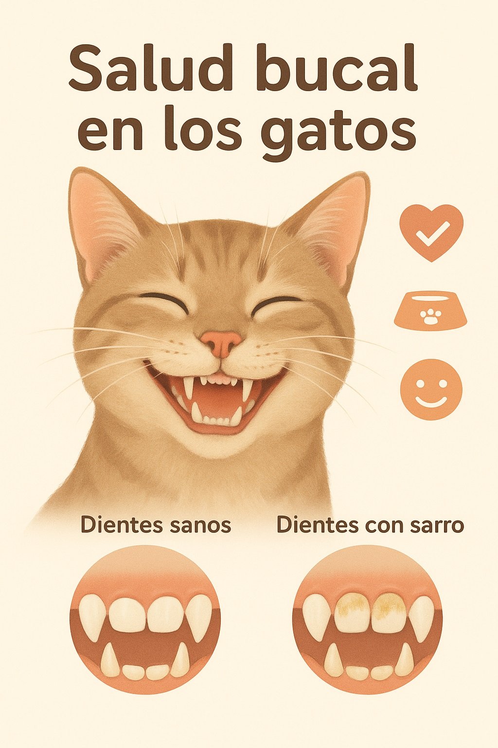 Gato sonriente con dientes limpios y encías saludables, ilustrando la importancia de la salud bucal en los gatos.