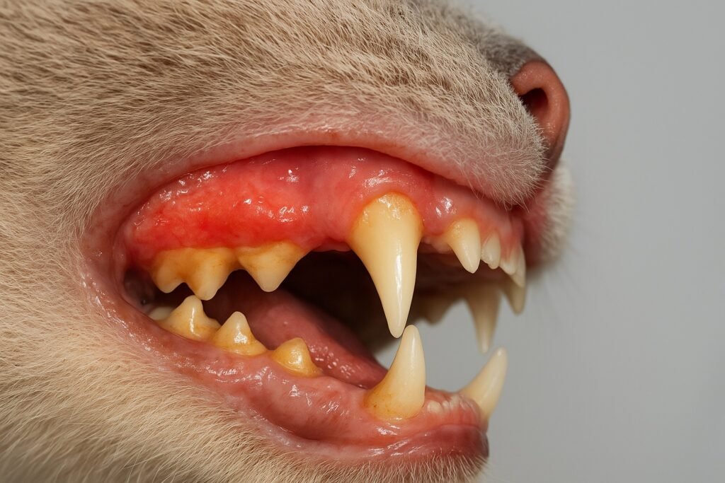 Primer plano de la boca de un gato con encías rojas e inflamadas, síntoma típico de enfermedades dentales en los gatos.