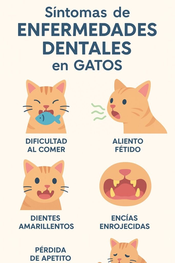 Infografía con síntomas comunes de enfermedades dentales en los gatos: mal aliento, encías rojas, sarro, dificultad al comer.