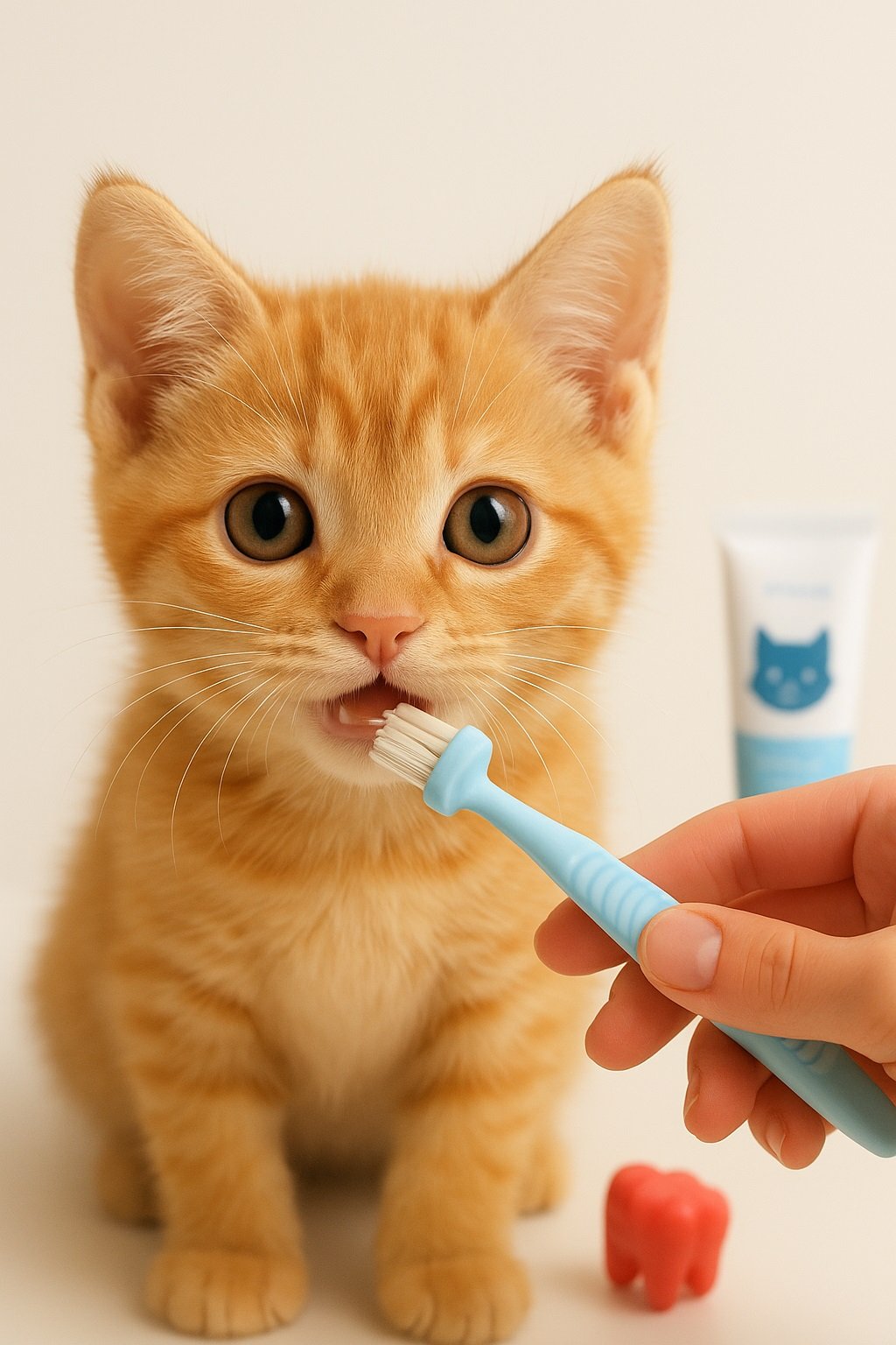 Gato cachorro con cepillo dental en la boca, ilustrando la prevención del mal aliento en gatos cachorros.