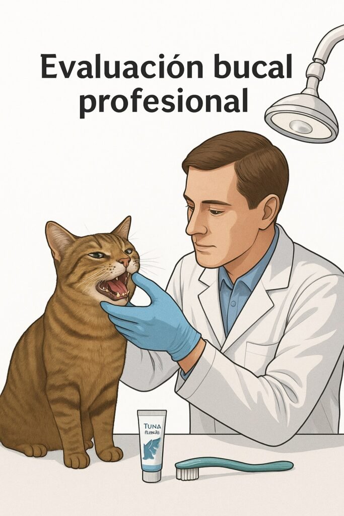 Veterinario odontólogo felino examina la boca de un gato adulto durante una evaluación profesional para diagnosticar las causas del mal aliento en gatos.