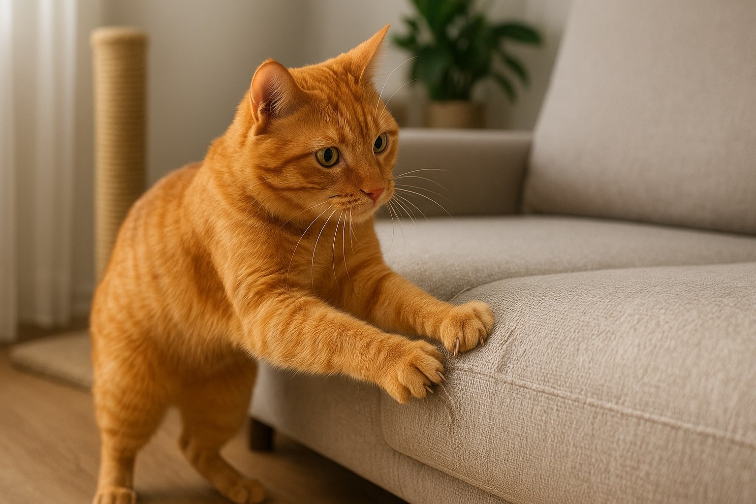 Gato arañando las cosas pese a tener su rascador al lado del sofá en una sala del hogar