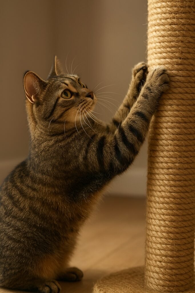 Gato adulto arañando un poste de sisal, mostrando el comportamiento natural de marcar con las garras.