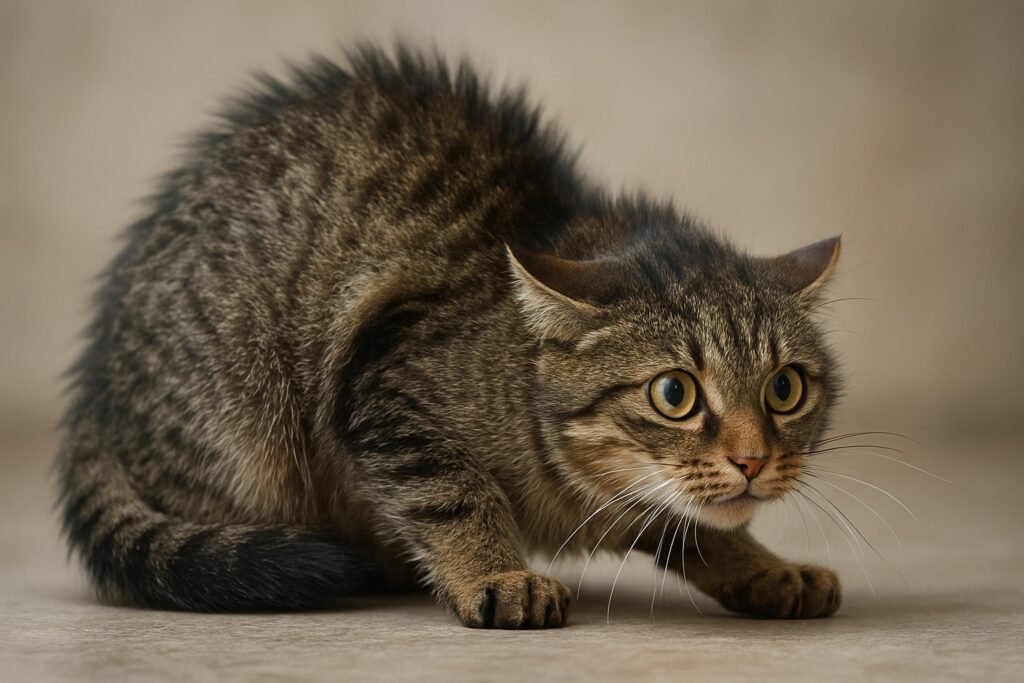 
Gato asustado en posición de defensa mostrando por qué los gatos arañan cuando se sienten amenazados.