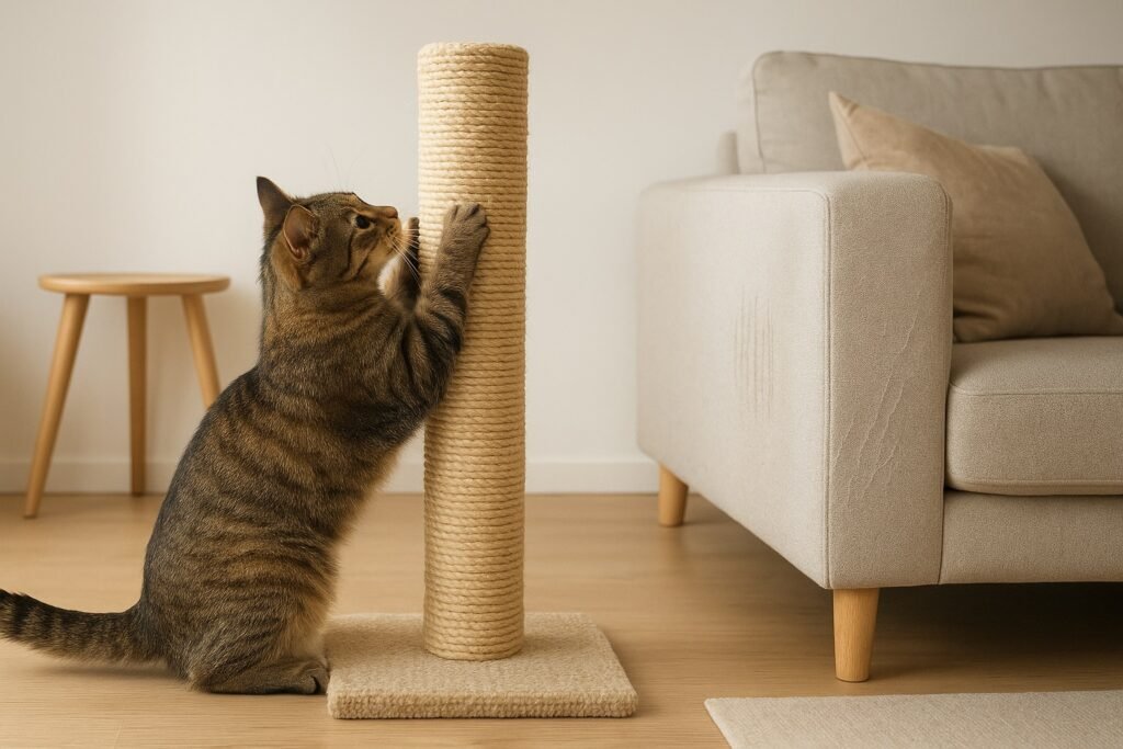 Gato rascando un rascador de poste de sisal mientras se observan marcas antiguas en el sillón, mostrando cómo un buen rascador para gatos ayuda a redirigir su conducta.