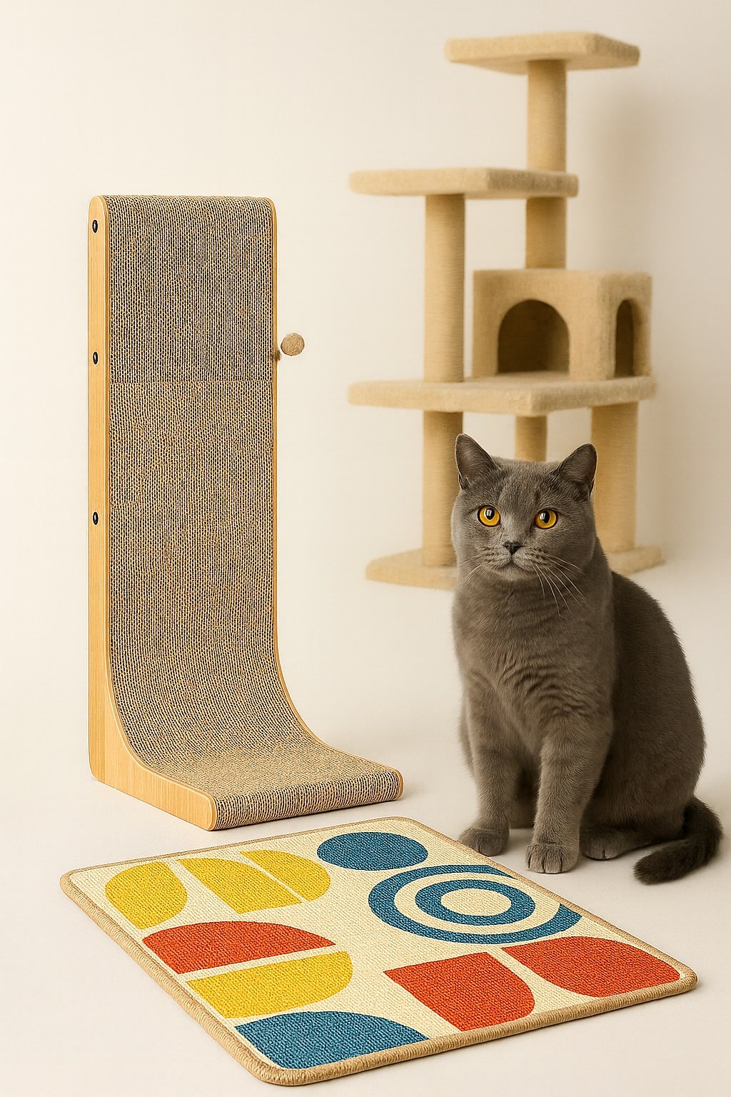 Gato gris sentado junto a dos rascadores para gatos: un rascador vertical de madera y un tapete rascador con diseño geométrico, con un gimnasio para gatos al fondo.