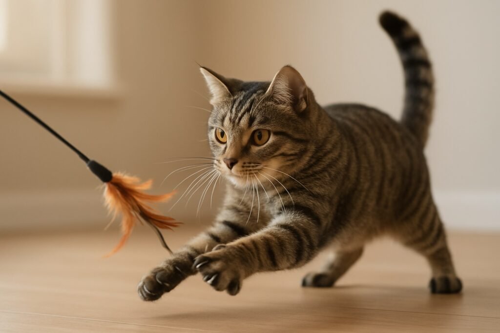 Gato doméstico extendiendo las patas para atrapar un juguete de plumas, mostrando de manera clara por qué los gatos arañan como parte de su instinto de caza y juego.
