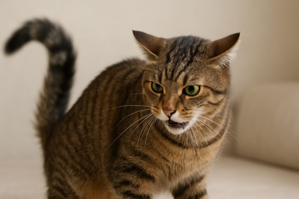 Gato mostrando signos de sobreestimulación, una de las razones de porque los gatos arañan cuando se sienten incómodos.