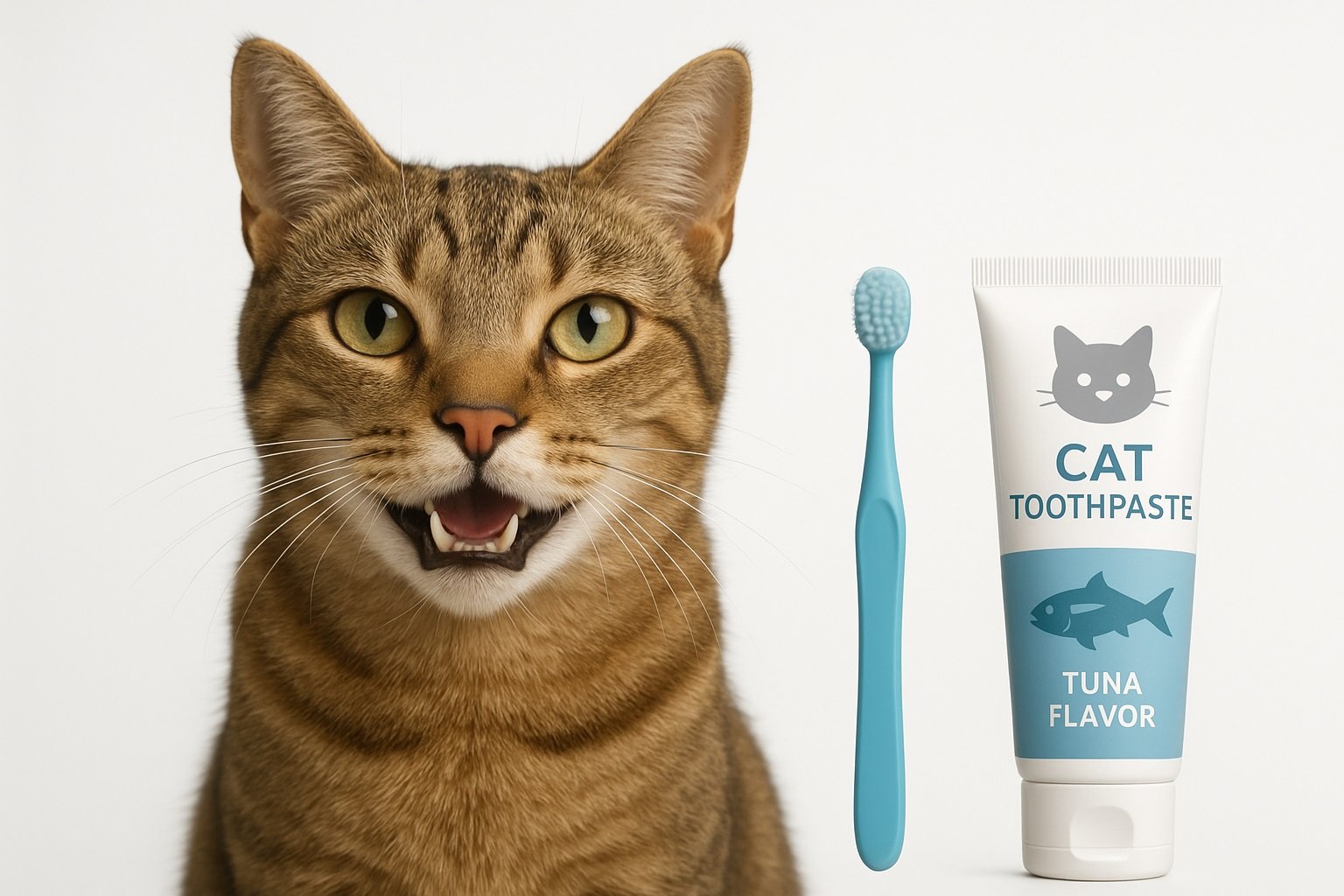 Gato con boca abierta, cepillo de dientes y pasta dental de sabor atún para combatir el mal aliento en gatos.